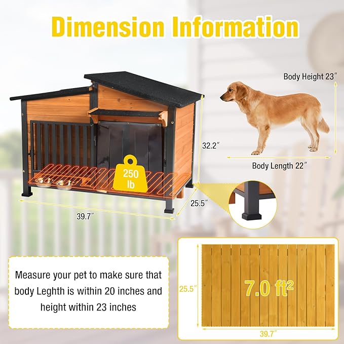 Chew-Resistant Dog House with Metal Frame, Wooden Kennel for Indoor &amp; Outdoor Use, Waterproof Roof &amp; Feeding Bowls Included (Wood, L-in)