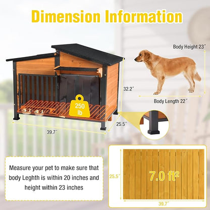 Chew-Resistant Dog House with Metal Frame, Wooden Kennel for Indoor &amp; Outdoor Use, Waterproof Roof &amp; Feeding Bowls Included (Wood, L-in)