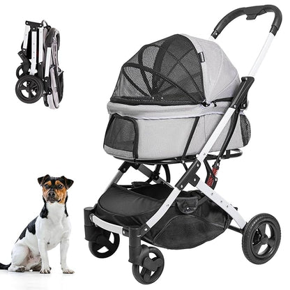 Pet Stroller for Medium Small Dog &amp; Cat, Foldable Lightweight Dog Stroller with Storage Basket Pet Travel Carriage with Safety Leashes, 4 Wheel, Gray