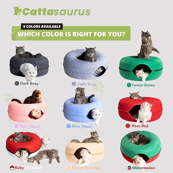 Cattasaurus Peekaboo Cat Cave, Extra Spacious for Multiple &amp; Large Cats 12+ lbs, Scratch Detachable Cat Beds for Indoor Cats, Washable Tunnel Bed, Comfy Cat Donut Tunnel (Ruby Snowball, Jumbo)
