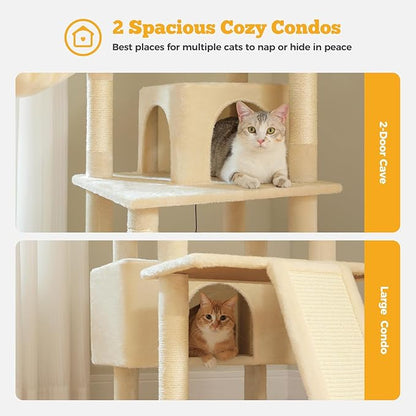 81" Heavy Duty Cat Tree for Large Cats up to 20lbs - Extra Tall Cat Tower with Metal Frame Hammock, 6 Sisal Scratching Posts, 2 Perches - Indoor Cat Furniture for Maine Coon, Big Cats, Beige
