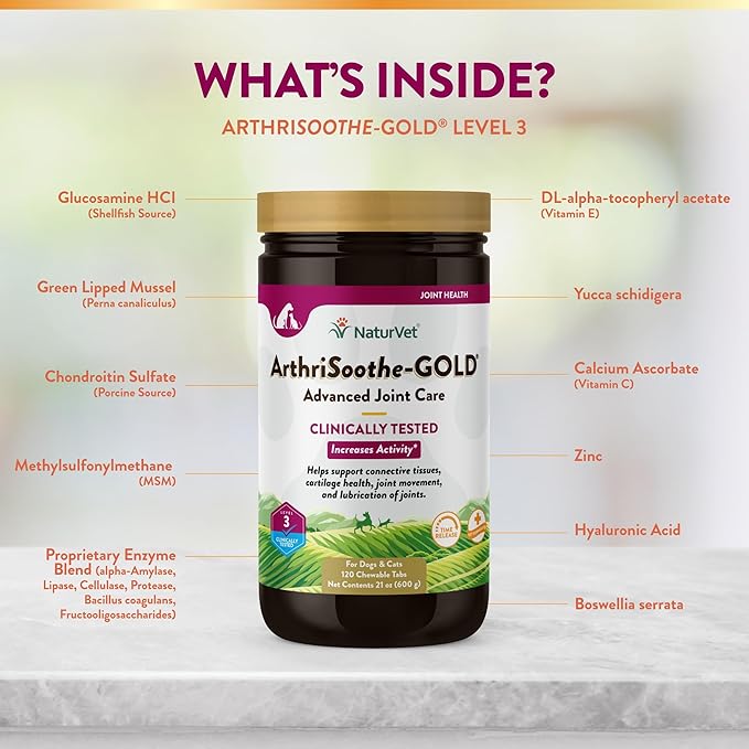 NaturVet – ArthriSoothe-GOLD – Level 3 Advanced Joint Care | Clinically Tested to Support Connective Tissue, Cartilage Health &amp; Joint Movement | Enhanced with Glucosamine, MSM, Chondroitin &amp; Green Lipped Mussel | For Dogs &amp; Cats | 120 Chewable Tablets