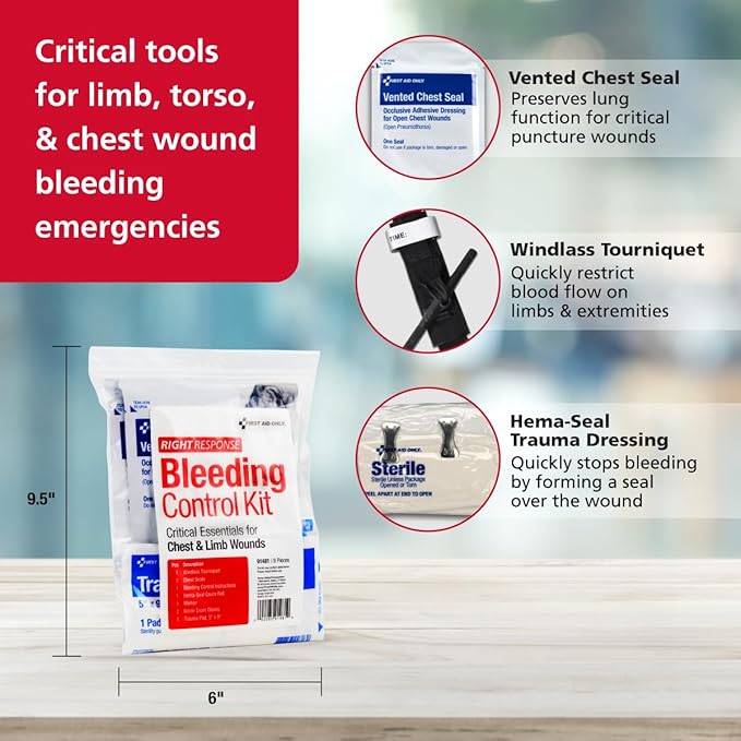 First Aid Only 91481 Critical Essentials Bleeding Control Kit for Chest &amp; Limb Wounds, 9 Pieces