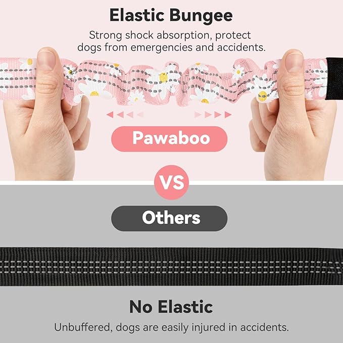 Pawaboo Dog Seatbelt for Car, 3-in-1 Dog Seat Belt Bungee, Shockproof Dogs Tether for Car with Buckle &amp; Hook Latch, Adjustable Reflective Dogs Cars Harness Leash with 360° Lockable Buckle, Light Pink