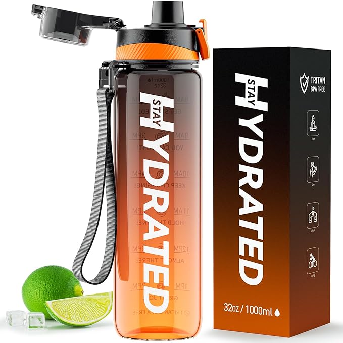 Water Bottle, 32 oz Motivational Water Bottles with Time Marker-Tritan &amp; BPA Free, Sports Water Bottle with Time to Drink &amp; Strap, Wide Mouth, Leakproof -Gift for Christmas Gym Fitness &amp; Outdoor