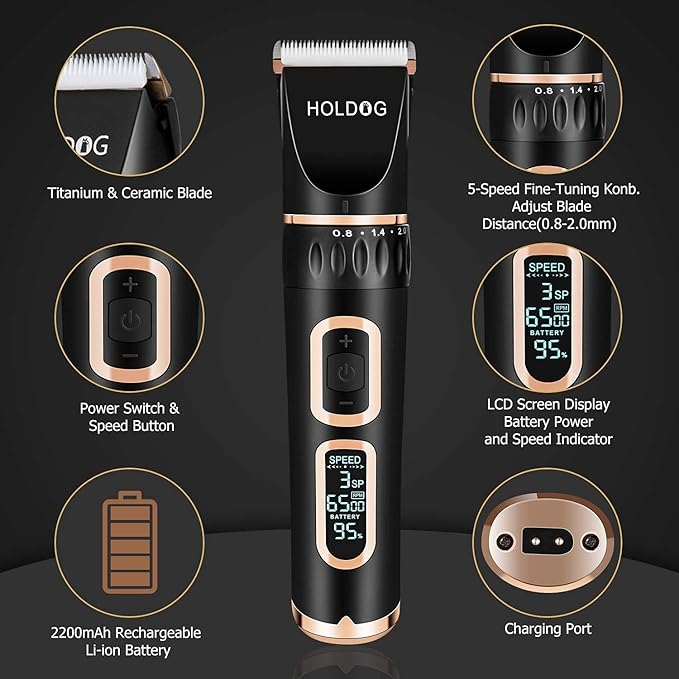 Dog Clippers Professional Heavy Duty Grooming Clipper 3-Speed Low Noise High Power Rechargeable Cordless Pet Tools for Small &amp; Large Dogs Cats Pets with Thick Coats