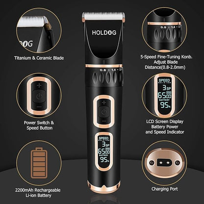 Dog Clippers Professional Heavy Duty Grooming Clipper 3-Speed Low Noise High Power Rechargeable Cordless Pet Tools for Small &amp; Large Dogs Cats Pets with Thick Coats