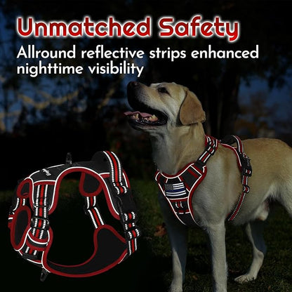 Eagloo Dog Harness for Large Dogs, Easy Wearing with 3 Buckles, Adjustable No Pull Pet Harness with 2 Rings for Walking, No Chock Reflective Soft Padded Vest with Control Handle, Black &amp; Red, L
