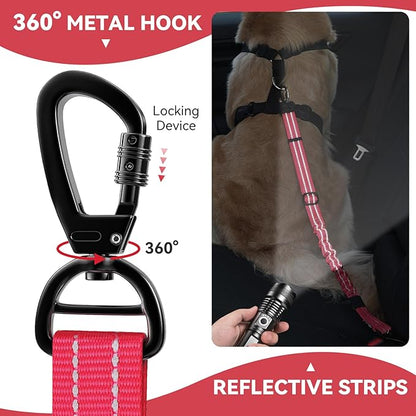 Pawaboo 2Pack Dog Seatbelt for Car, 3-in-1 Dog Seat Belt Bungee, Shockproof Dog Car Tether with Buckle &amp; Hook Latch, Adjustable Reflective Dog Car Harness Leash with 360° Lockable Buckle, Red