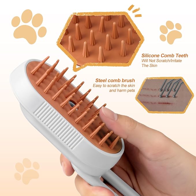 Steam Brush for Cat &amp; Dog – 3-in-1 Spritz Pet Spray Hair Removal Comb for Grooming &amp; Shedding Steam – Water Brush for Long &amp; Short Haired Pets– Includes Two Bottles Waterless Shampoo