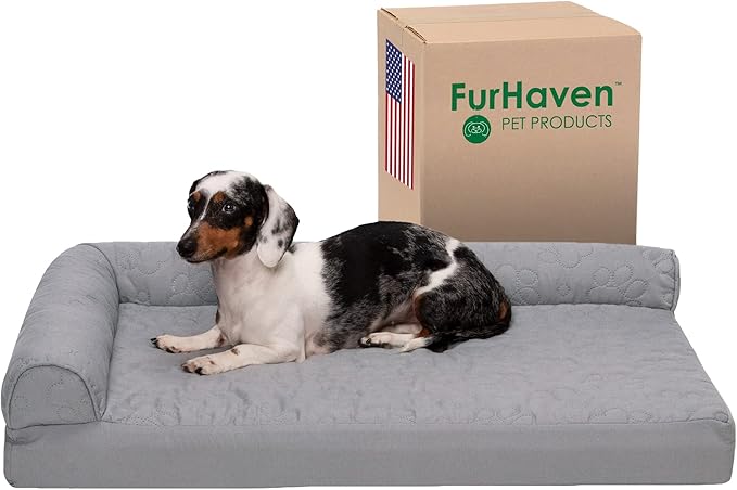 Furhaven Cooling Gel Dog Bed for Medium/Small Dogs w/ Removable Bolsters &amp; Washable Cover, For Dogs Up to 35 lbs - Pinsonic Quilted Paw L Shaped Chaise - Titanium, Medium