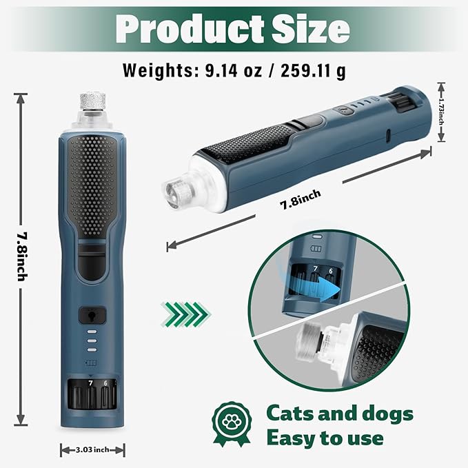 Dog Nail Grinder 7-Speed &amp; 360° LED Light, Professional Pet Nail Grinder for Dogs and Cats, Electric Dog Nail Trimmer Painless Paws Grooming &amp; Smoothing Tool for Large Medium Small Dogs Cats Pets