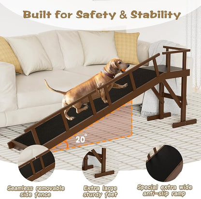 73" Dog Ramp for Bed, Pet Ramp with Removable Side Rail and Non-Slip Surface, Pet Ramp for Small &amp; Large &amp; Senior Dogs with Rest Platform and DIY Glow Strips,Dog Stairs for Couch, Brown
