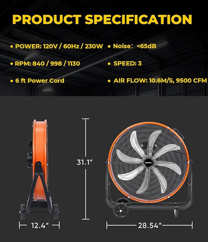 VENTISOL 24 Inch Industrial Floor Drum Fan, 9500 CFM Heavy Duty Floor Fan with 8 Blades, 3-Speed High Velocity Shop Fan, Metal Fans for Warehouse, Patios, Garage