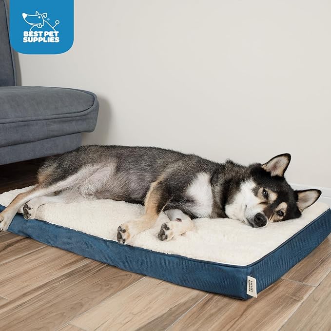 Best Pet Supplies Cute Dog Crate Mat Flat Bed with Waterproof Exterior, Thick Orthopedic Egg Foam Mattress, and Soft Sherpa Fleece Cover for Small, Medium, and Large Breeds - Blue, 30X20X3
