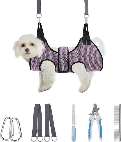 PAWCHIE Dog Grooming Hammock Harness for Dogs &amp; Cats with Pet Nail Clipper Trimmer- Breathable Cat Hanger Sling for Trimming Clipping Nails-Dog Hammock Restraint Bag for Small Medium Large Dog,Pink XS