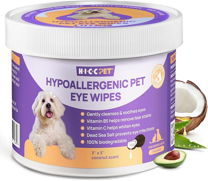 HICC PET Eyes Wipes for Dogs &amp; Cats - Gently Remove Tear Stain, Debris, Discharge, Crust - Coconut Oil Pet Cleaning Grooming Deodorizing Wipes Wash Cleaner for Eyes, Wrinkle, Face - 100pcs