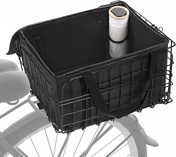 Aodaer Bike Basket with Removable Liner Bag Cargo Net Large Folding Bike Basket Quick Release Metal Ebike Basket Bicycle Storage Basket for Carrying Fruit &amp; Grocery Pets Dogs