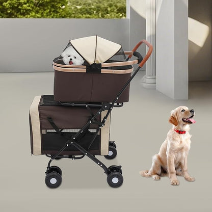 Foldable Pet Stroller for Small &amp; Medium Dogs, Double Dog &amp; Cat Stroller with 3-in-1 Travel System, Detachable Pet Carrier with Wheels for Cats and Dogs up to 77 lbs, Coffee Color