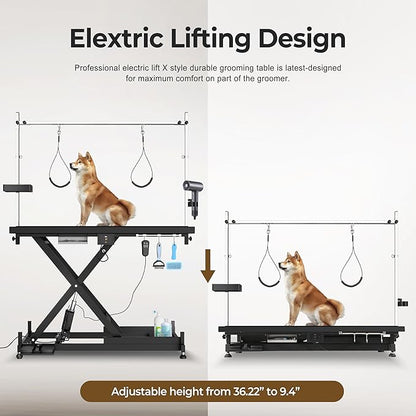 Electric Pet Grooming Table for Large Dogs - Professional Heavy Duty Height Adjustable Pet Grooming Station with Anti Slip Tabletop, Two Nooses &amp; Tool Organizer, Maximum Capacity Up to 250 lbs Black