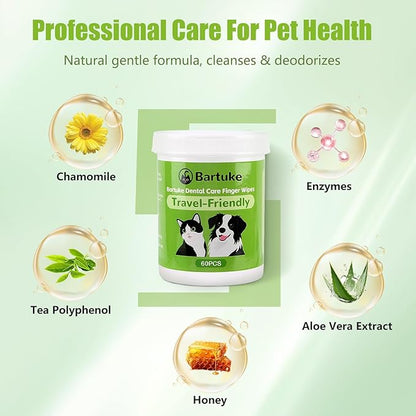 Pet Dental Care Finger Wipes, 60 Counts Teeth Cleaning Finger Wipes for Dogs &amp; Cats, Reduces Plaque &amp; Tartar Disposable Gentle Cleaning &amp; Gum Care Pet Wipes