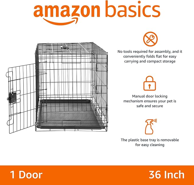 Amazon Basics Durable, Foldable, Collapsible, Portable Metal Wire Dog Crate with Tray, Single Door with Divider Panel, Easy to Assemble &amp; Clean, 36 x 23 x 25 in, Black