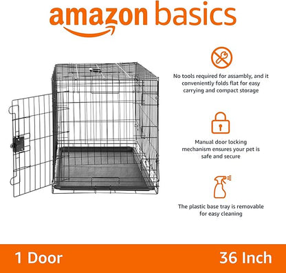 Amazon Basics Durable, Foldable, Collapsible, Portable Metal Wire Dog Crate with Tray, Single Door with Divider Panel, Easy to Assemble &amp; Clean, 36 x 23 x 25 in, Black