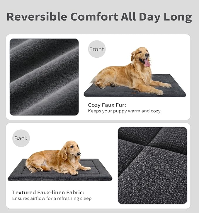 Made4Pets Dog Crate Pad Bed for Large Dogs, Washable &amp; Reversible, Anti-Slip Kennel Mat for Cozy Sleeping, Soft Fluffy Dog Bed for Indoor &amp; Outdoor Use, 41"x29", Dark Gray