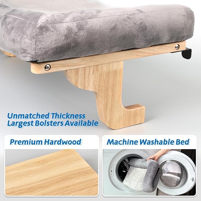Cat Perch for Window Sill with Bolster - Orthopedic Hammock Design with Premium Hardwood &amp; Robust Metal Frame - Cat Window Seat for Large Cats and Kittens - Natural Color Wood with Gray Bed