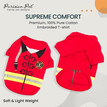Parisian Pet Embroidered Firefighter Costume - 100% Cotton &amp; Polyester Dog Clothes - Sleeved Red Dog Costume - 3XL
