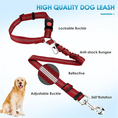Lukovee Dog Seatbelt Leash for Cars, 2 Pack Pet Safety Seat Belt with Adjustable Buckle &amp; Reflective Bungee, Connect Dog Harness in Vehicle Dogs Restraint Travel Daily Use (Red)