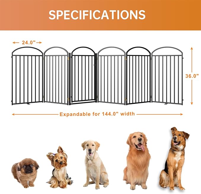 6 Panles Full Matel Freestanding Dog Gates with Door, 144"Extra Wide 36"Tall Free Standing Dog Pet Gate for Indoor &amp; Outdoor. Foldable Pet Fences for Doorways, House, Stairs, Porch, Deck, Yard
