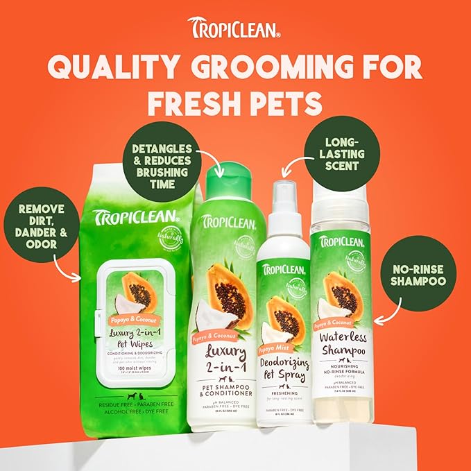 TropiClean No Rinse Waterless Dog Shampoo | Detangling &amp; Deodorizing Dry Shampoo for Smelly Pets | Moisturizes Dry Skin | USA Made | Papaya Scent | 7.4oz