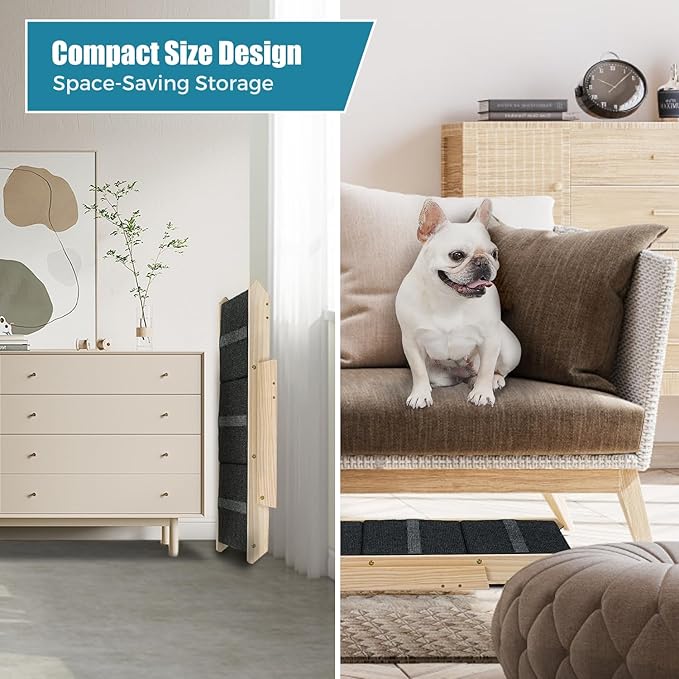 Wood Pet Stairs/Pet Steps for All Dogs and Cats - 2-in-1 Foldable Carpeted 3 Tiers Dog Stairs &amp; Ramp Perfect for Beds and Cars - Portable Dog/Cat Ladder Up to 120 Pounds