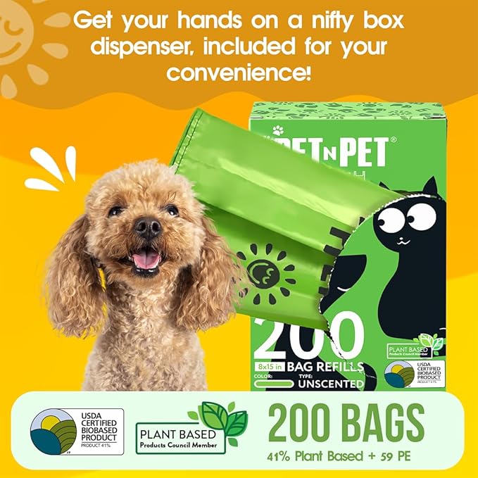 Pet N Pet 200 Counts Unscented Dog Poop Bags Rolls with Tie Handles, 38% Plant Based &amp; 62% PE Poop Bags for Dogs, Extra-Thick Doggie Poo Bag, Pet Waste Bag