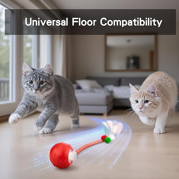 Interactive Cat Toys Ball for Indoor Cats, Automatic Agile Rolling Cat Ball with Elastic Mesh Tail, Bird Chirping &amp; Motion Activated, 2 Tail Accessories, Kitten Toy for Bored (Red)