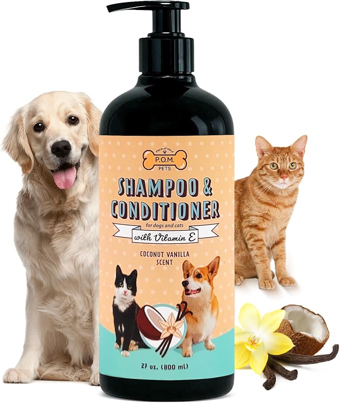 POM Pets 2-in-1 Organic Dog Shampoo &amp; Conditioner – Itchy Skin Relief, Dog Deshedding, Detangles Fur, Cat Shampoo, Paw Cleaner for Dogs, Natural Coat Defense Formula