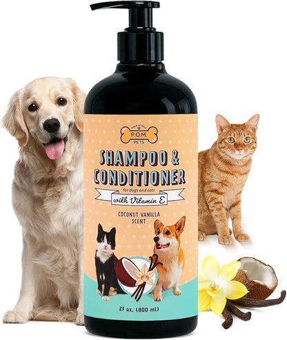 POM Pets 2-in-1 Organic Dog Shampoo &amp; Conditioner – Itchy Skin Relief, Dog Deshedding, Detangles Fur, Cat Shampoo, Paw Cleaner for Dogs, Natural Coat Defense Formula