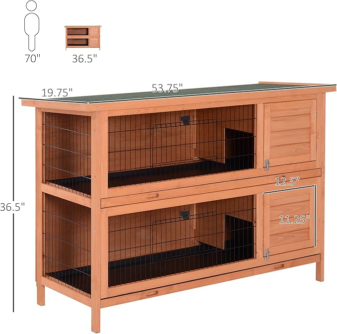 PawHut 54" 2-Story Large Rabbit Hutch Bunny Cage Wooden Pet House Small Animal Habitat with Lockable Doors, No Leak Tray and waterproof Roof for Outdoor/Indoor Orange
