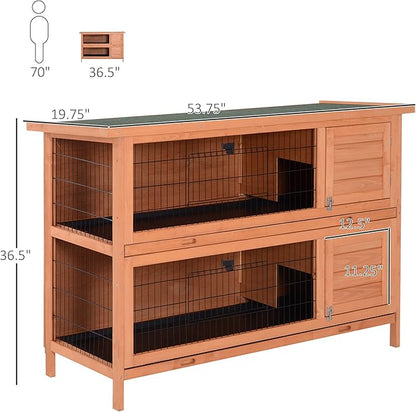 PawHut 54" 2-Story Large Rabbit Hutch Bunny Cage Wooden Pet House Small Animal Habitat with Lockable Doors, No Leak Tray and waterproof Roof for Outdoor/Indoor Orange