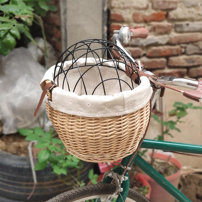 Shiker Basket with Wire Mesh Cover, Wicker Bike Basket for Small Dogs Cats, Front Handlebar Bike Basket, Easy to Detachable, 11.81 x 9.84 inch