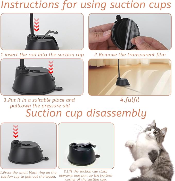 Suction Cup Cat Toys,Interactive Cat Wand with 15Pcs (Feather, Mouse, Butterfly, Worm),Durable Cats Fishing Pole Toy for Indoor Kittens,Fun Stick Toy for Exercise&amp;Play