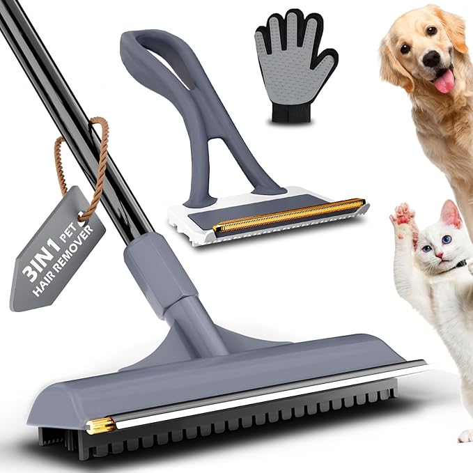 3 in 1 Carpet rake Kit for Pet Hair Removal Tool - Reusable Pet Hair Remover Broom w 58" Adjustable Long Handle, Dog &amp; Cat Carpet Scraper, Pet Hair Remover for Rugs, Mats, Couch, Curtains(Gray)