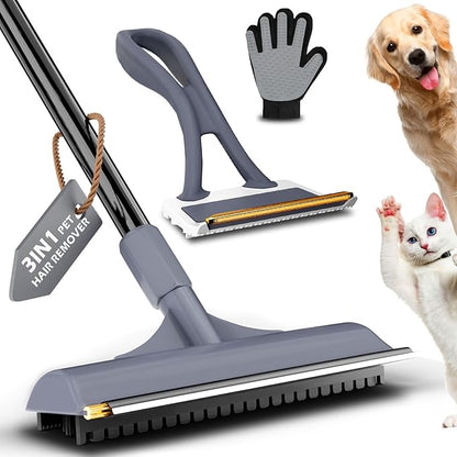 3 in 1 Carpet rake Kit for Pet Hair Removal Tool - Reusable Pet Hair Remover Broom w 58" Adjustable Long Handle, Dog &amp; Cat Carpet Scraper, Pet Hair Remover for Rugs, Mats, Couch, Curtains(Gray)