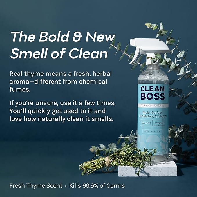 CleanBoss Botanical Disinfectant - 24 oz (Pack of 2) - Multi-Surface Cleaner - Kills 99.9% of Germs + Cold &amp; Flu Viruses - Fresh Thyme Scent - No Rinse on Food Contact Surfaces - Pet Friendly