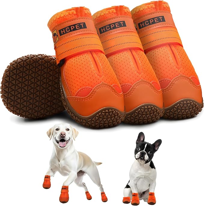 Hcpet Dog Shoes for Large Dogs, Breathable Dog Booties for Small Medium Dogs, Anti-Slip Dog Boots &amp; Paw Protectors for Hot Pavement Winter Snow Hiking with Reflective Straps Orange Size 2