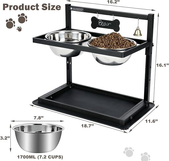 Elevated Dog Bowls with Slow Feeder for Large Dogs – Adjustable Raised Stand with 2 Stainless Steel Bowls &amp; Spill-Proof Mat, Non-Slip Dog Feeder for Large &amp; Medium Dogs (Black)