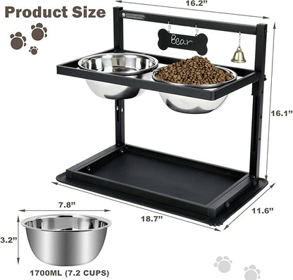Elevated Dog Bowls with Slow Feeder for Large Dogs – Adjustable Raised Stand with 2 Stainless Steel Bowls &amp; Spill-Proof Mat, Non-Slip Dog Feeder for Large &amp; Medium Dogs (Black)