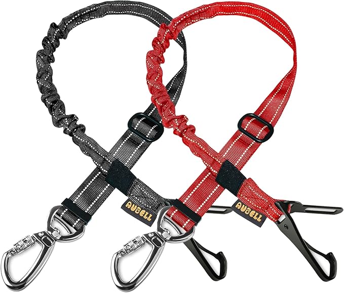 AUBELL Dog Seat Belt for Car,2 Pack Set 3-in-1 Adjustable Reflective Bungee Heavy Duty Dog Car Harness Tether with Clip Hook Latch &amp; Buckle,Swivel Zinc Alloy Carabiner,Black+Red