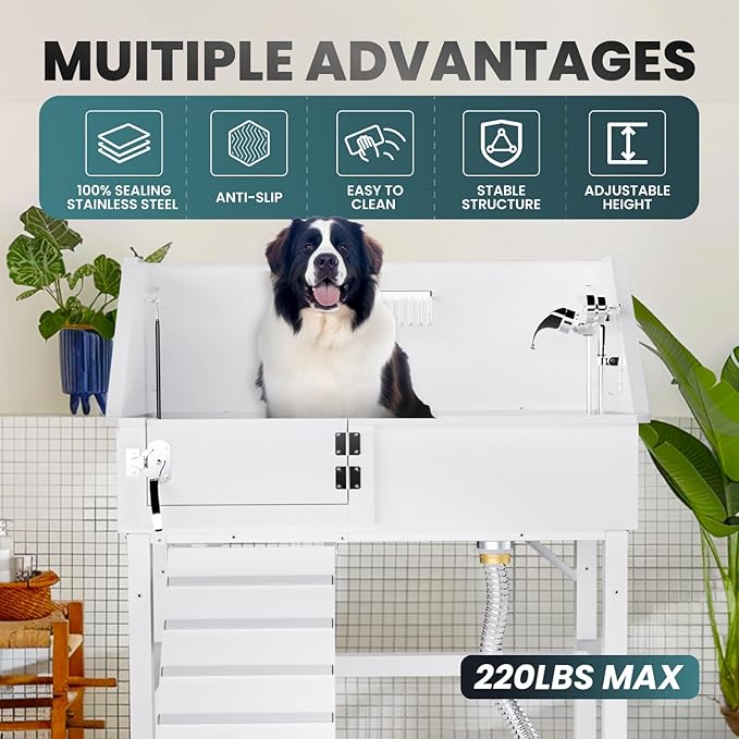 Dog Washing Station for Home, 38" White Professional Stainless Steel Dog Grooming Tub, Height Adjustable Dog Bathing Station, Upgrade Parts, Dog Bath Tubs for Small &amp; Medium Dogs(Left Ramp)